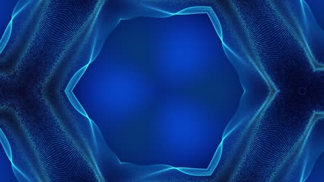 4k looped abstract blue background of glow particles form curved lines, surfaces simmetrical structures as in kaleidoscopic hologram. sci-fi abstract theme with particle waves.