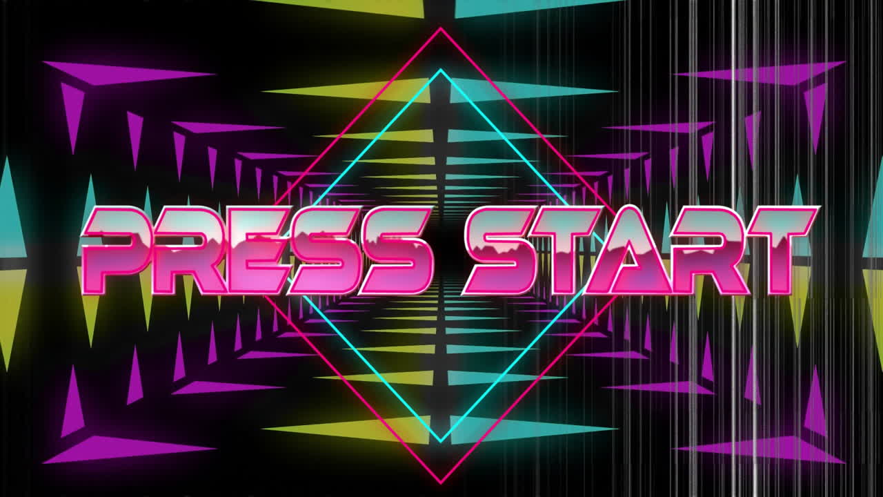Animazione testo "Press Start" su forme geometriche al neon con motivo a tunnel