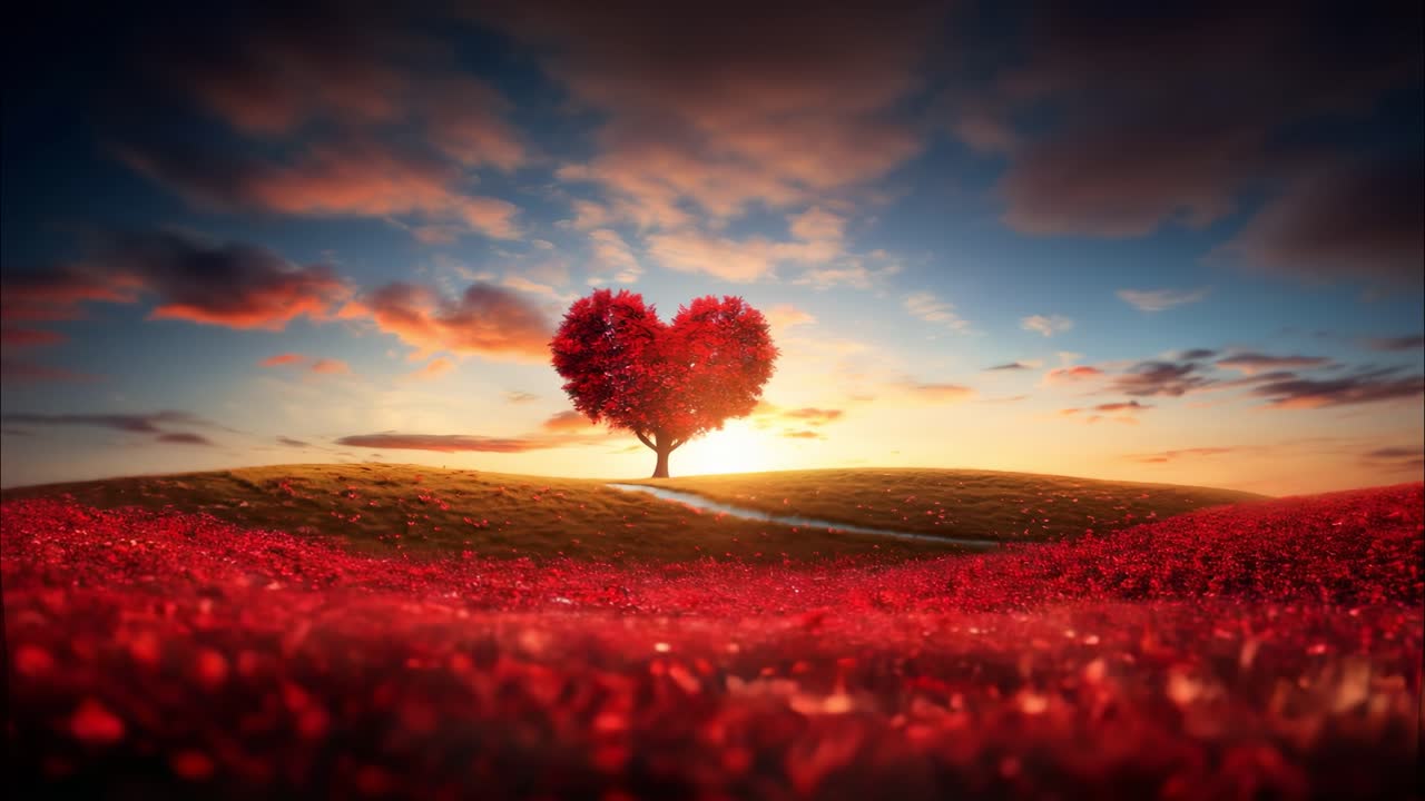 아름다운 일몰 시간 에 활기찬 풍경 을 배경 으로 한 멋진 심장 모양 의 나무