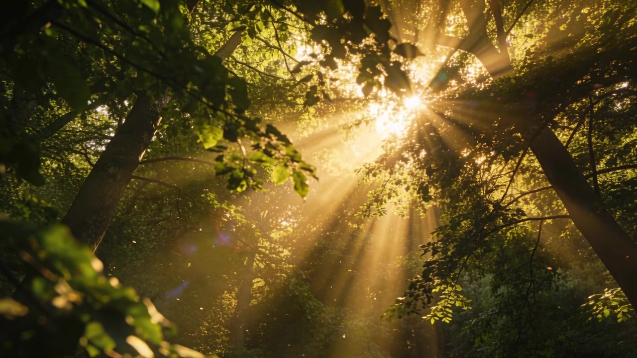 Sol espreitando enviando raios em uma floresta, iluminando partículas de poeira e retroiluminando folhas à esquerda.