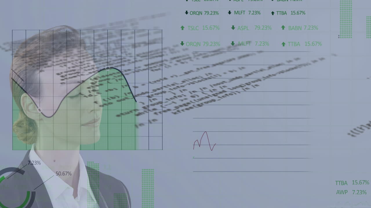 animación de procesamiento de datos y mercado de valores sobre mujer de negocios caucásica.