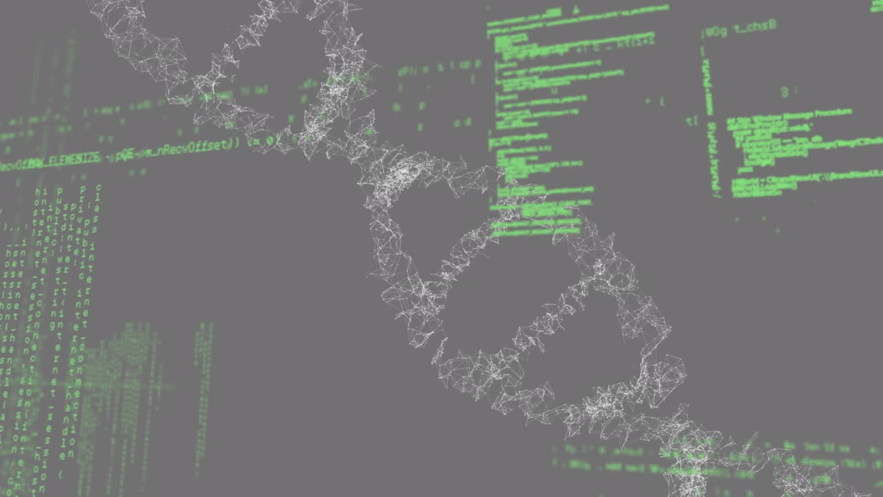 검은 바탕에 컴퓨터 언어를 통해 회전하는 dna 나선의 애니메이션