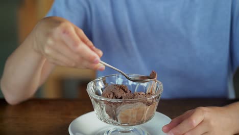 close-up of handsome smiling boy eating a tasty dessert with delight in cafe. little boy eating ice cream