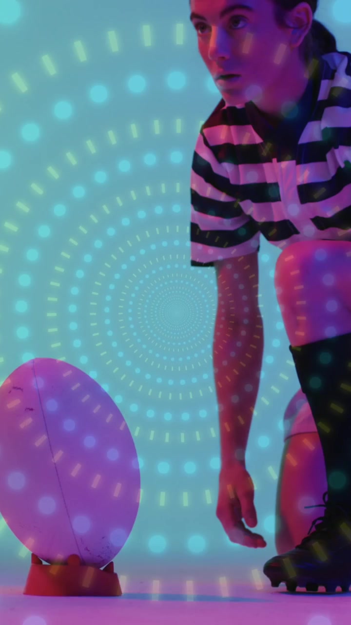 Animace neonového vzoru nad ragbistkou na neonovém pozadí