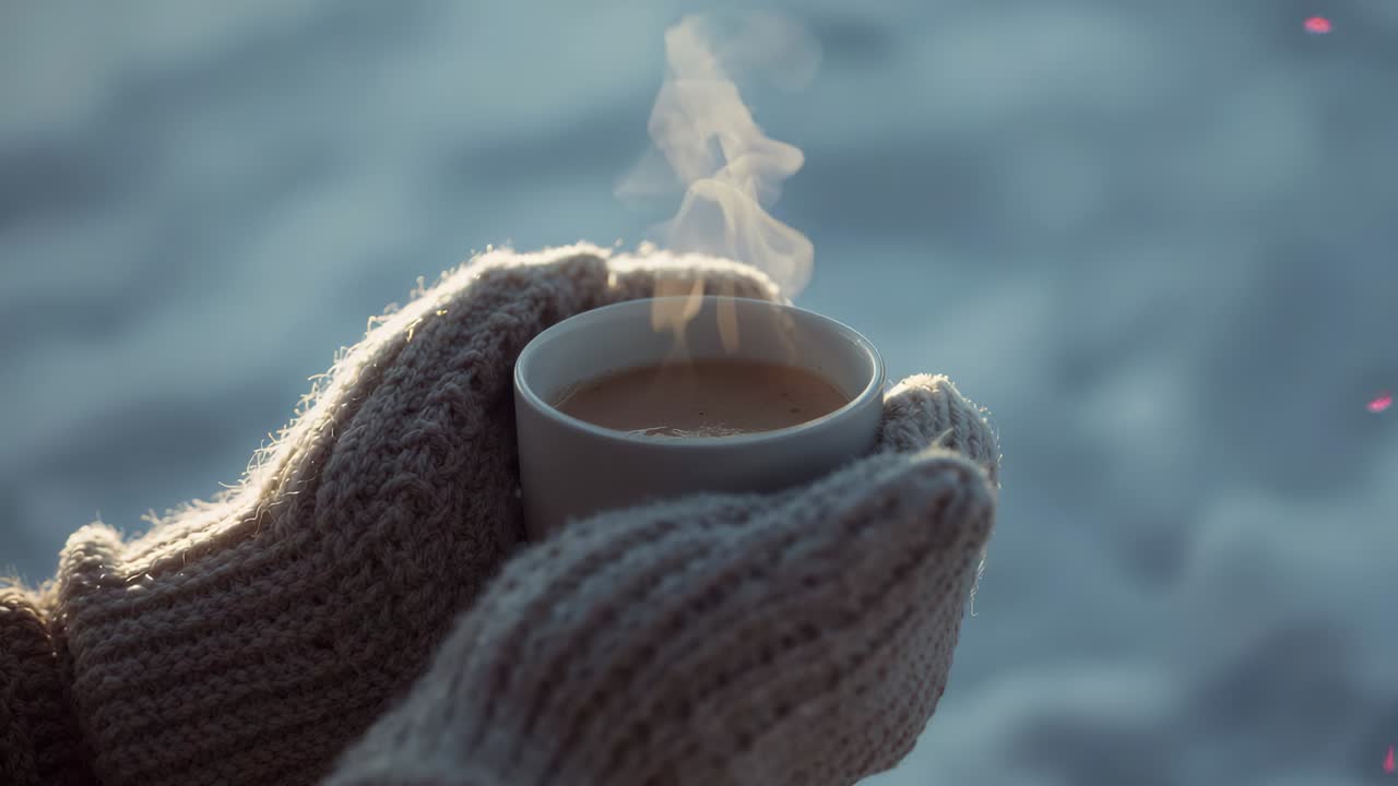 Cradling mittened hands holding ceramic mug in snow, warming hands with cold air lifting steam