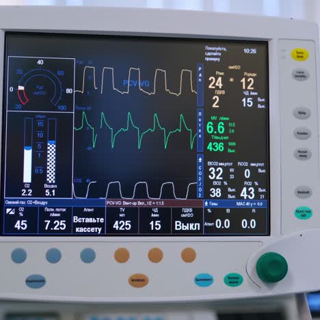 modern device of artificial ventilation of the lungs. screen displays patient's condition in icu. the concept of the disease pneumonia and viruses. close-up.