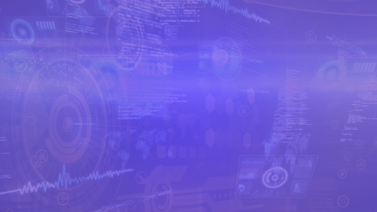 Animation of soundwaves, circles, radars, graph over computer language on abstract background