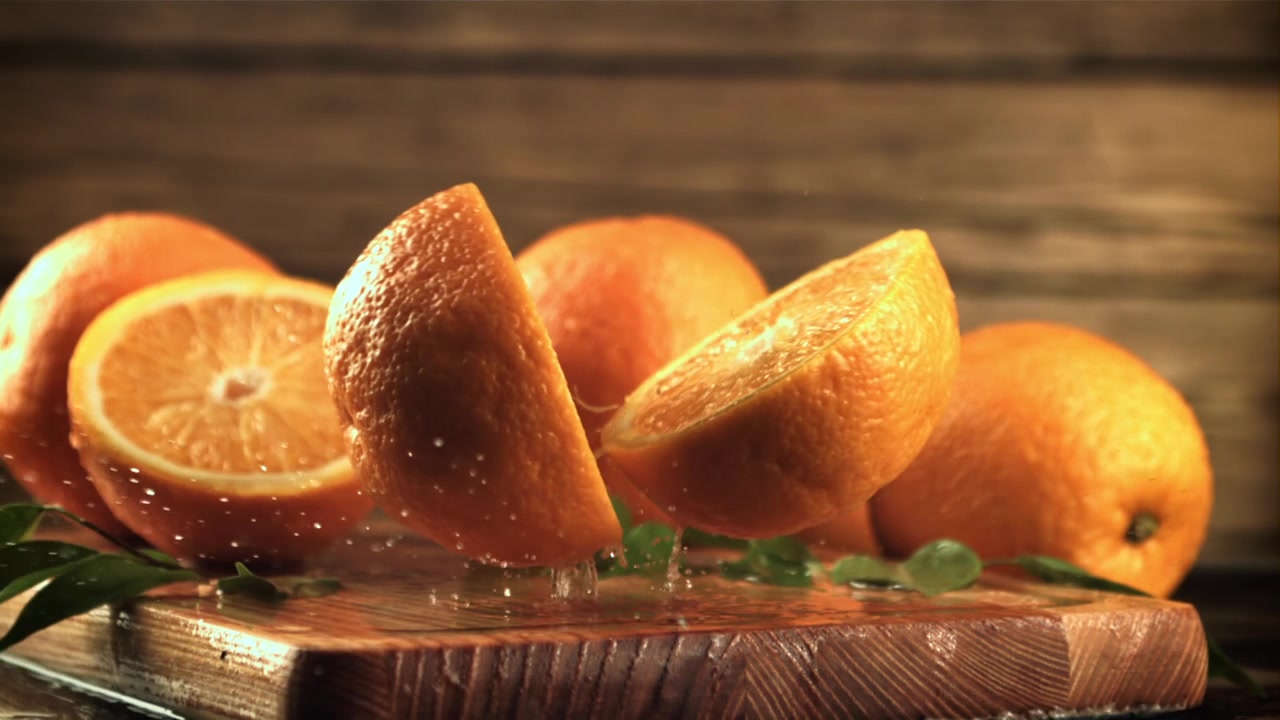 Arancia fresca che si spacca su tagliere di legno con spruzzo d'acqua.