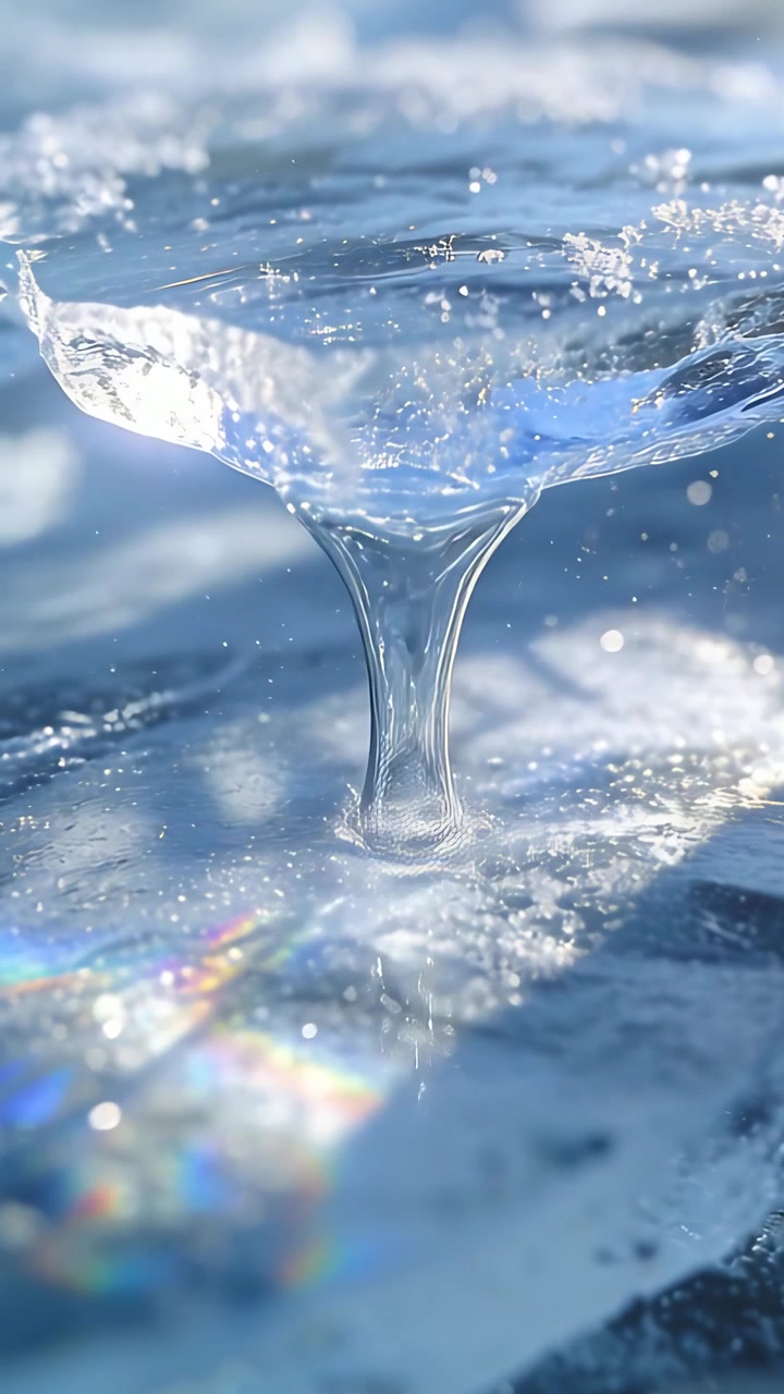Vidéo verticale: Soleil faisant fondre une lèvre de glace sur de la glace, formant une goutte qui se détache et tombe, créant une couronne et un arc-en-ciel