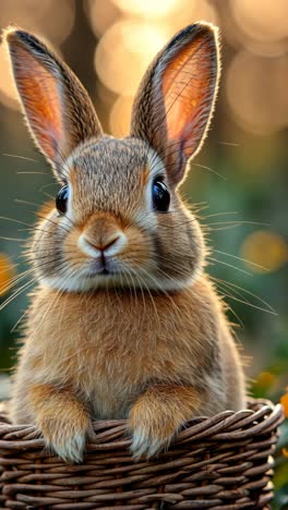 cute rabbit sitting in a woven basket surrounded by colorful flowers