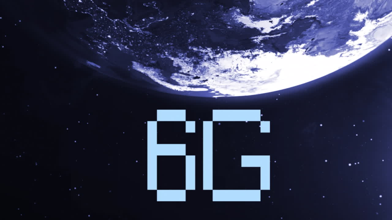 Animation of processing circle and 6g over globe rotating in space