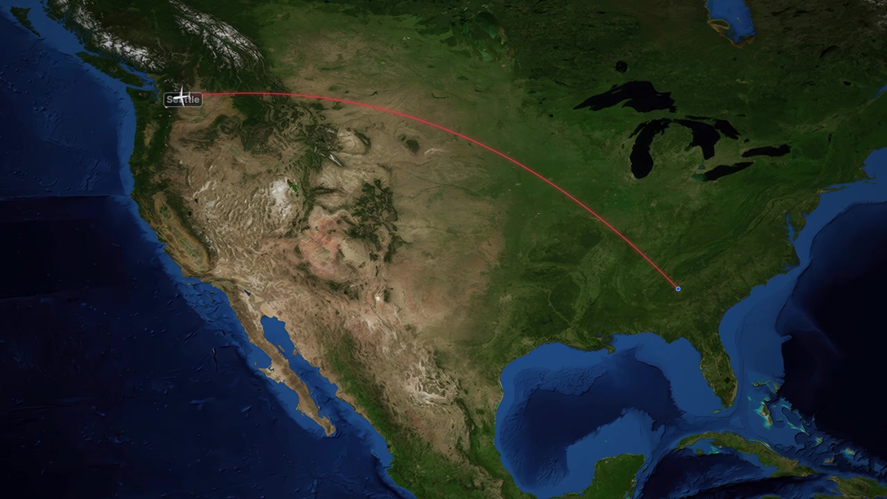 Satellite map animation follows an airplane icon flying from Atlanta to Seattle across America