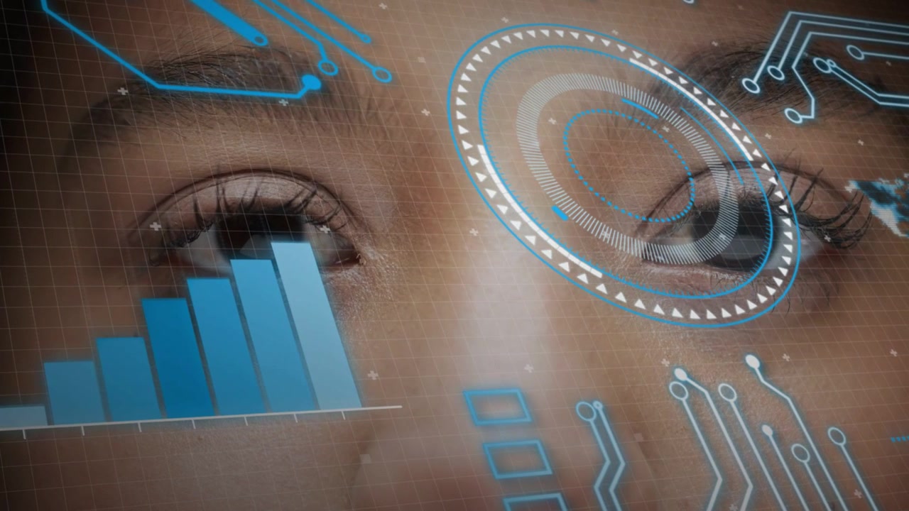Woman holding still closeup, HUD reticle appearing on right eye starting AR scan bar chart climbing
