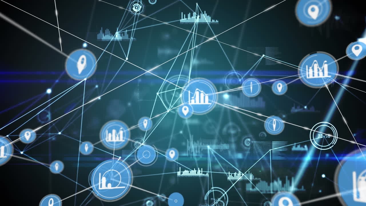 animación de redes de conexiones con iconos sobre fondo negro