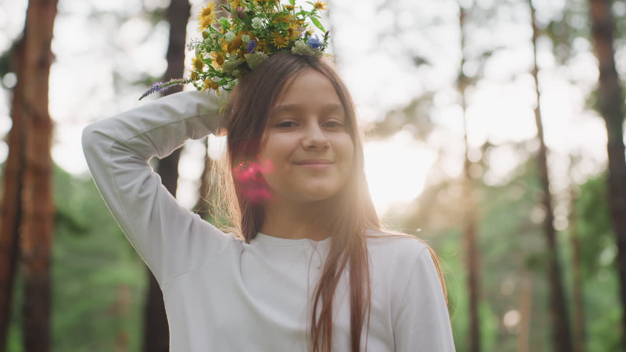 Portrait of beautiful girl with long brown hair smelling wildflower bouquet while standing in peaceful sunlit forest, enjoying scent of nature with calm expression and gentle smile