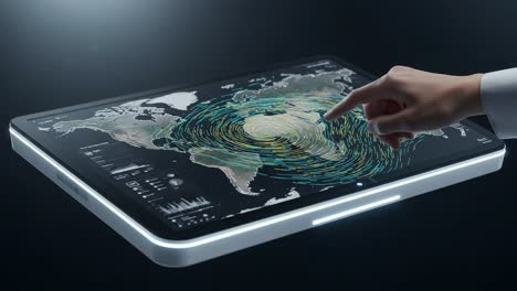 interactive digital display showcasing global weather patterns and data visualization with user engagement through touch interface