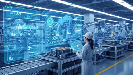 exploring advanced manufacturing: a worker engages with ai-driven robotics and data visualizations in a high-tech automated factory setting