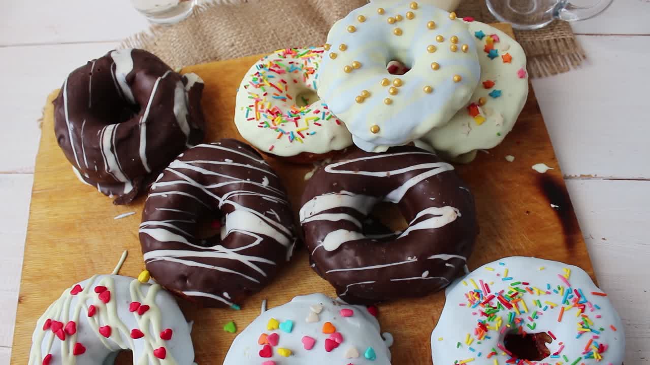 rosquillas con multicolores en la pizarra. chocolate y brillante. rosquilla con multicolored en la pizara. chocolate y luminoso.