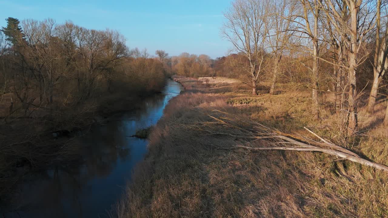 Peaceful river scene in Thetford, Norfolk, with barren trees lining the banks