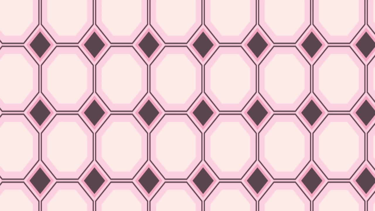 Retro Pink Octagon and Diamond Tile Pattern Seamless Geometric Illusion with Symmetrical Grid Design Featuring Smooth Slide Animation and Gentle Panning Motion for Visual Appeal