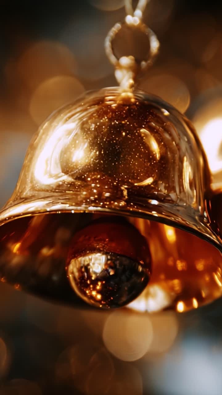 Nærbilde av en skinnende gullbjelle dekorert med glitrende refleksjoner og myk bokeh-bakgrunn, som viser den polerte overflaten og intrikate detaljer som skaper en festlig og innbydende atmosfære