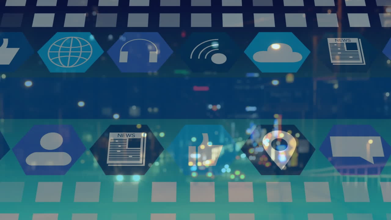 Digital communication icons animation over cityscape at night