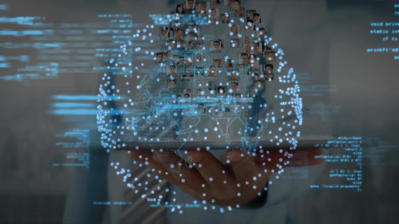 Man holding tablet floating code snippets starting 3D sphere forming above screen showing network