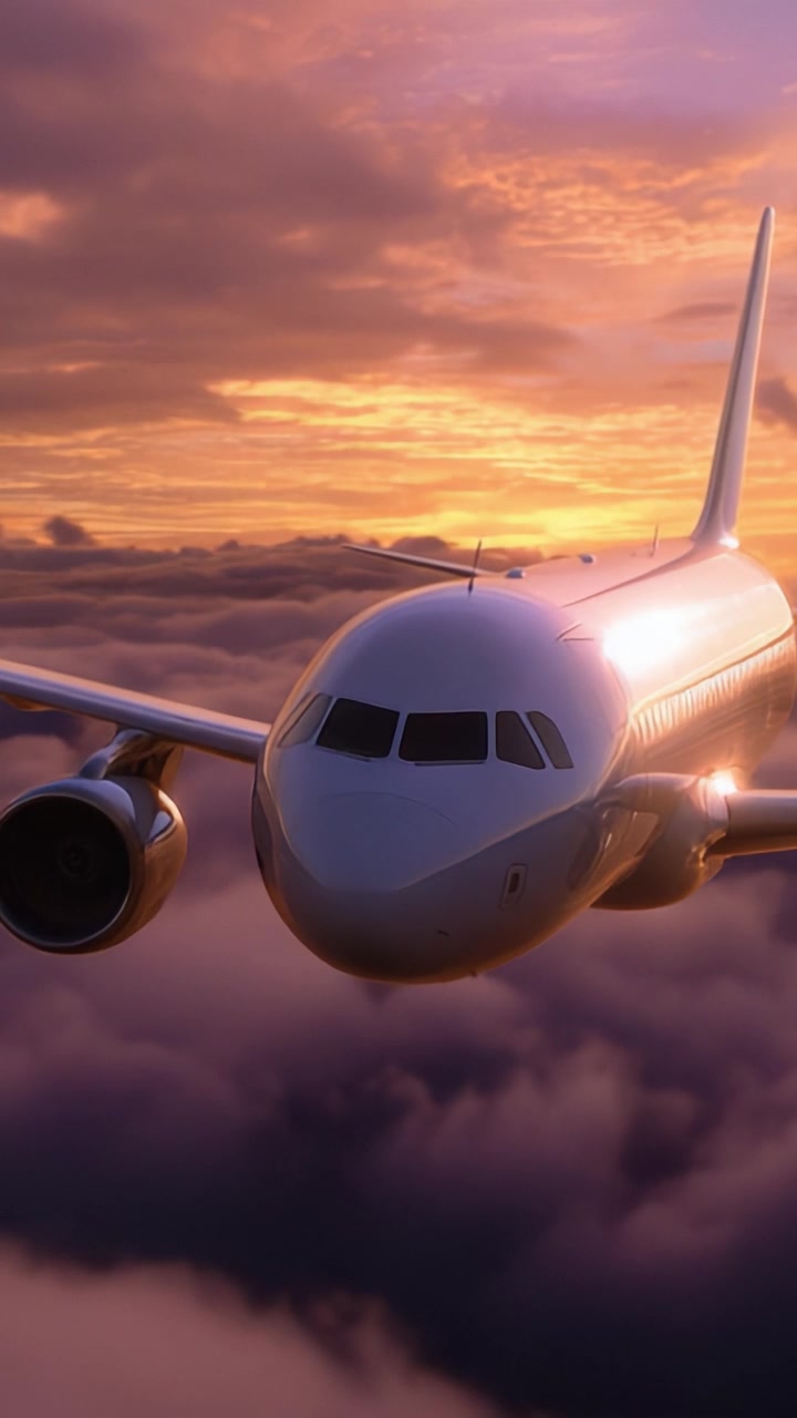 Splendida vista aerea di un aereo commerciale che si libra tra nuvole vivaci al tramonto, mettendo in mostra il suo design elegante contro un cielo mozzafiato