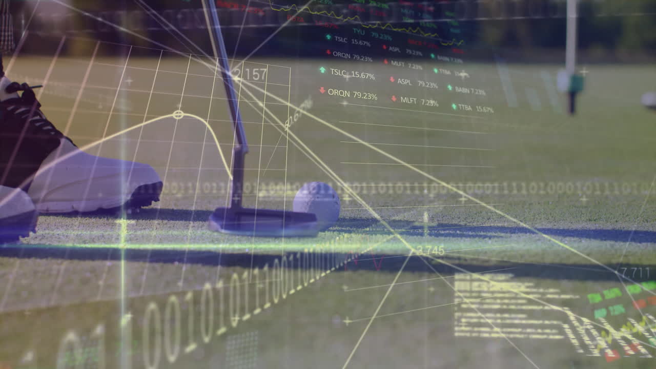 Male golfer preparing putt on green, displaying sports technology graphs and binary code overlays
