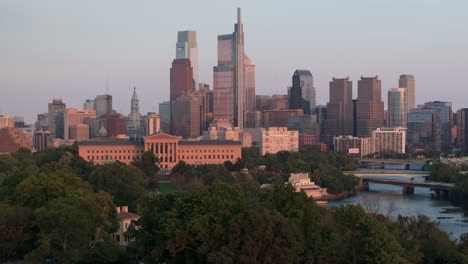 aerial view of the philadelphia skyline at sunset, shot on a summer day