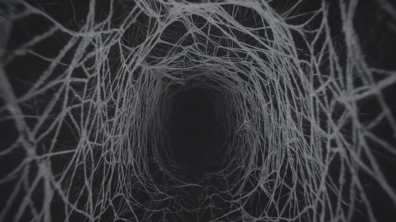 Abstract visual sequence of a dark tunnel woven with intricate white threads, illustrating a continuous journey through a mysterious and captivating environment
