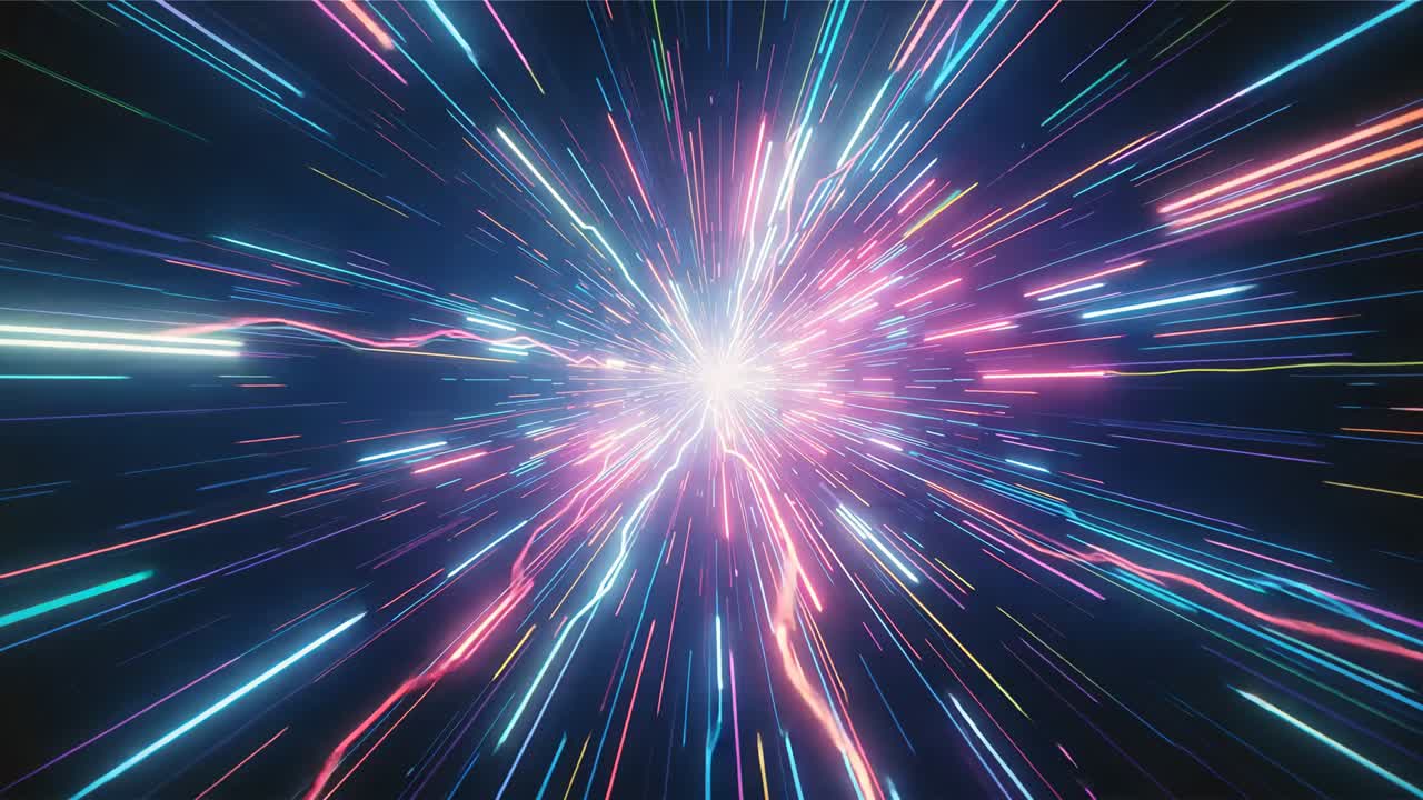 Bright white core pulsing, central burst of neon streaks rushing outward, evoking forward motion