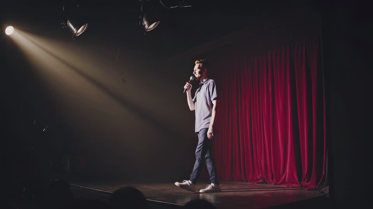 Wide-angle shot of a comedian on stage with a spotlight, red curtains in the background