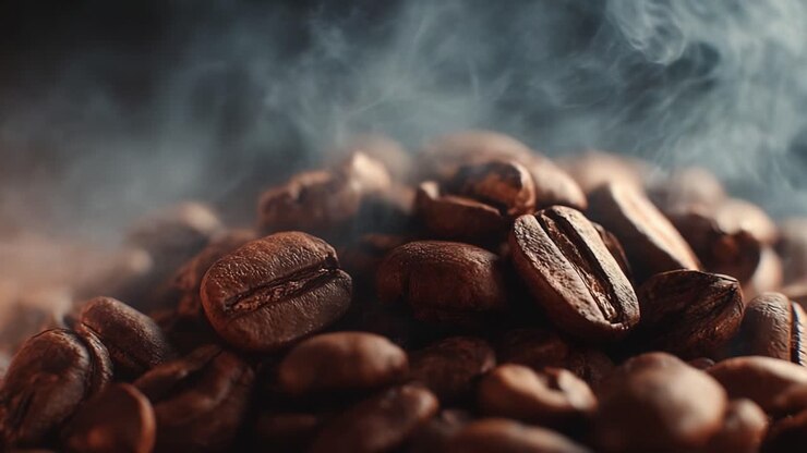 Eine Nahaufnahme von satten, dunklen Kaffeebohnen, die aromatischen Dampf verströmen und die Essenz frisch gerösteten Kaffees und sein einladendes Aroma einfangen
