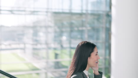 phone call, happy and business woman on escalator