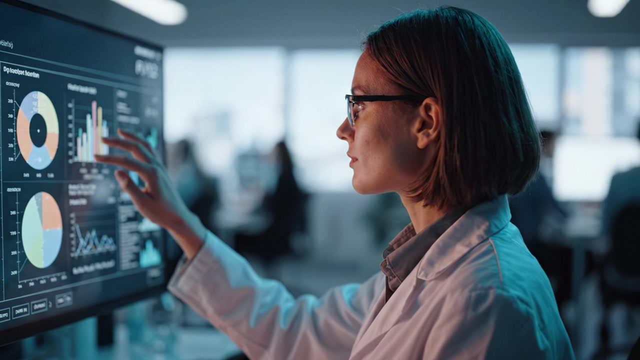 Focused Data Analyst Interpreting Complex Visualizations and Trends on a Screen in a Modern Office Environment Amidst Team Collaboration