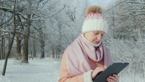 una mujer con una chaqueta rosa disfruta de un paseo en un parque de invierno usa una tableta digital