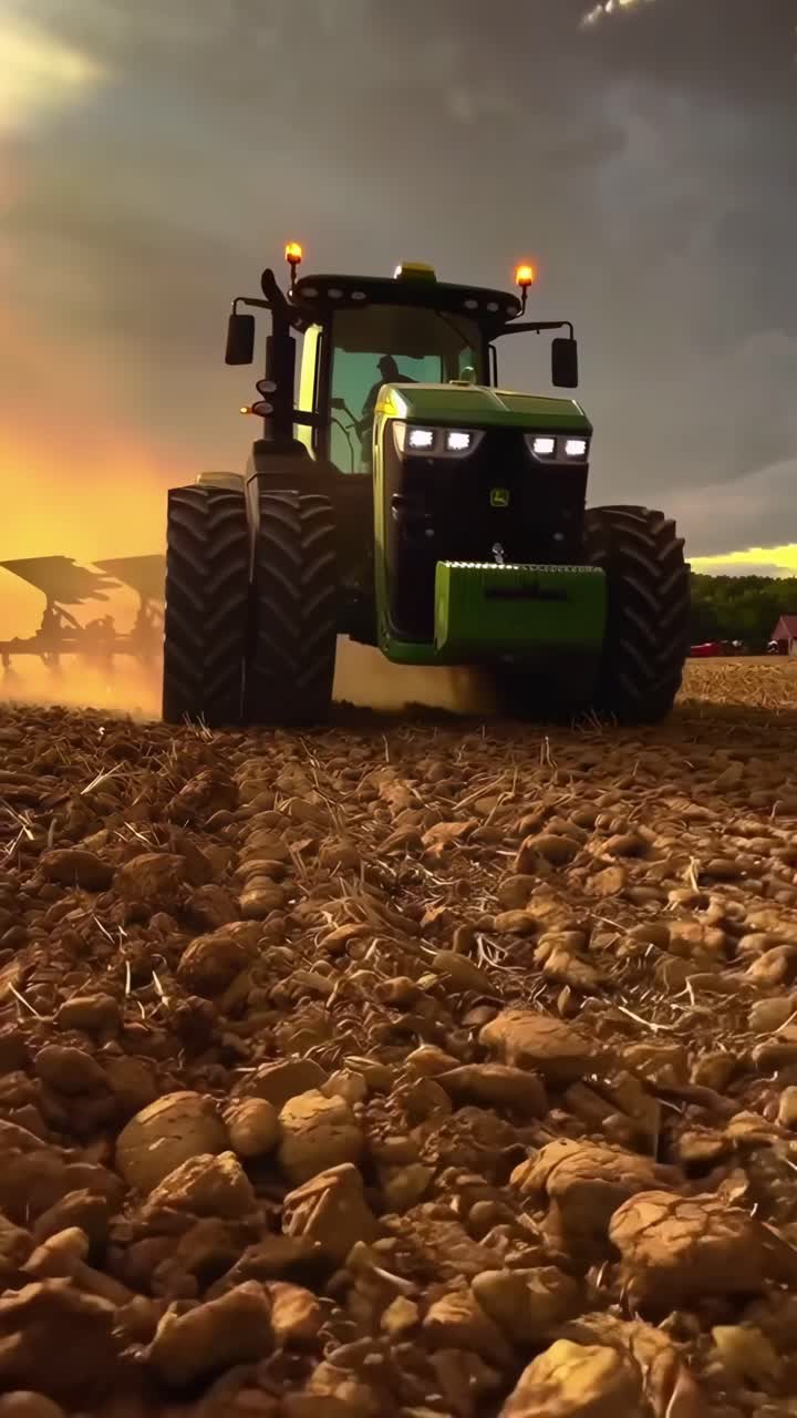 Video i lav engel af en traktor på en stenet mark ved solnedgang, der fremhæver dens kraftfulde tilstedeværelse