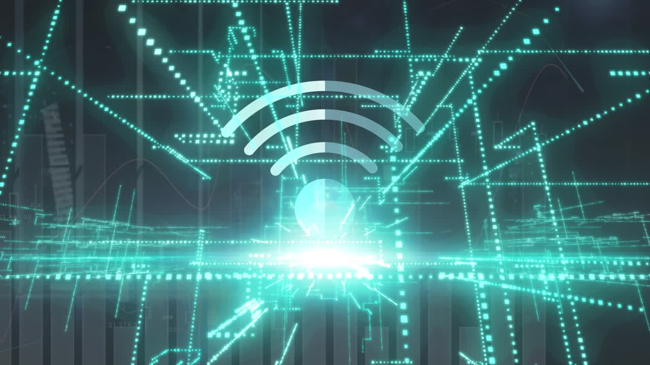 animación de senderos de luz verde y símbolo wi-fi sobre el procesamiento de datos estadísticos en fondo gris