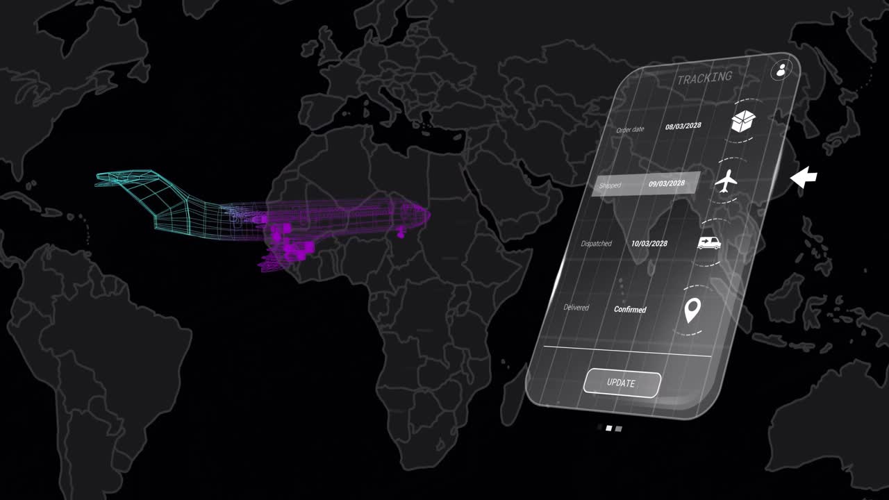 Animation of digital interface with icons and data processing over digital plane on black background