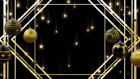 Swinging black and gold christmas baubles over falling stars and gold lines on black background