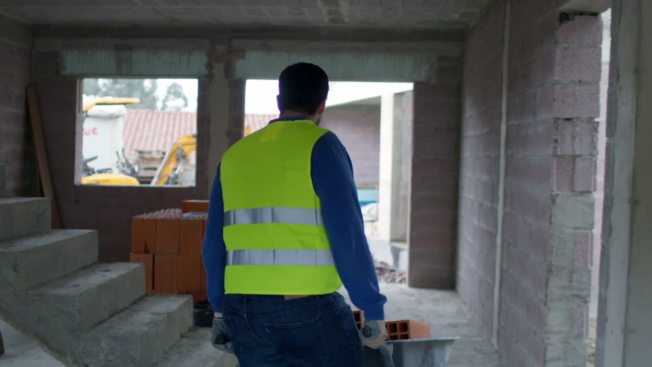 imágenes en cámara lenta de 4k de un trabajador de la construcción con un chaleco de seguridad empujando una carretilla llena de ladrillos, capturadas por detrás en un sitio de construcción ocupado.