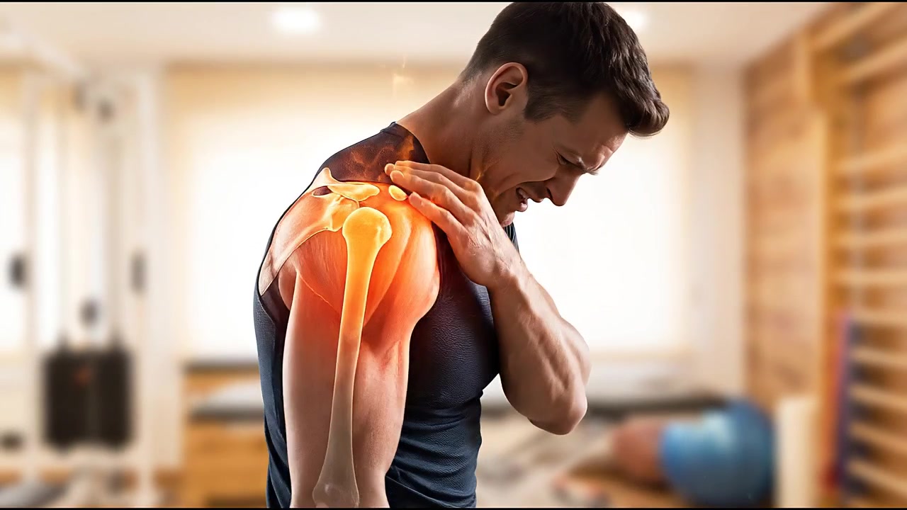 Visualizzazione medica ravvicinata del dolore all'articolazione della spalla con effetto di infiammazione luminosa sui muscoli della schiena umana.