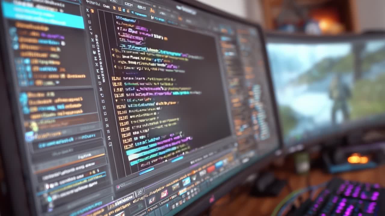 Et indblik i programmeringens verden: En fængslende visning af farverig kode på dobbelte skærme med syntakslinjer og digital kreativitet.