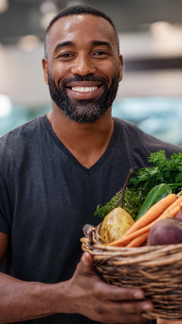 Uomo sorridente che tiene un cesto di verdure fresche, che mette in risalto la salute, l'alimentazione e l'impegno della comunità in un vivace ambiente di mercato