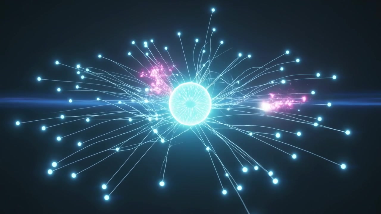 Nucleo ciano pulsante che invia sottili filamenti con nodi ciano nel vuoto oscuro, spingendo nastri magenta.