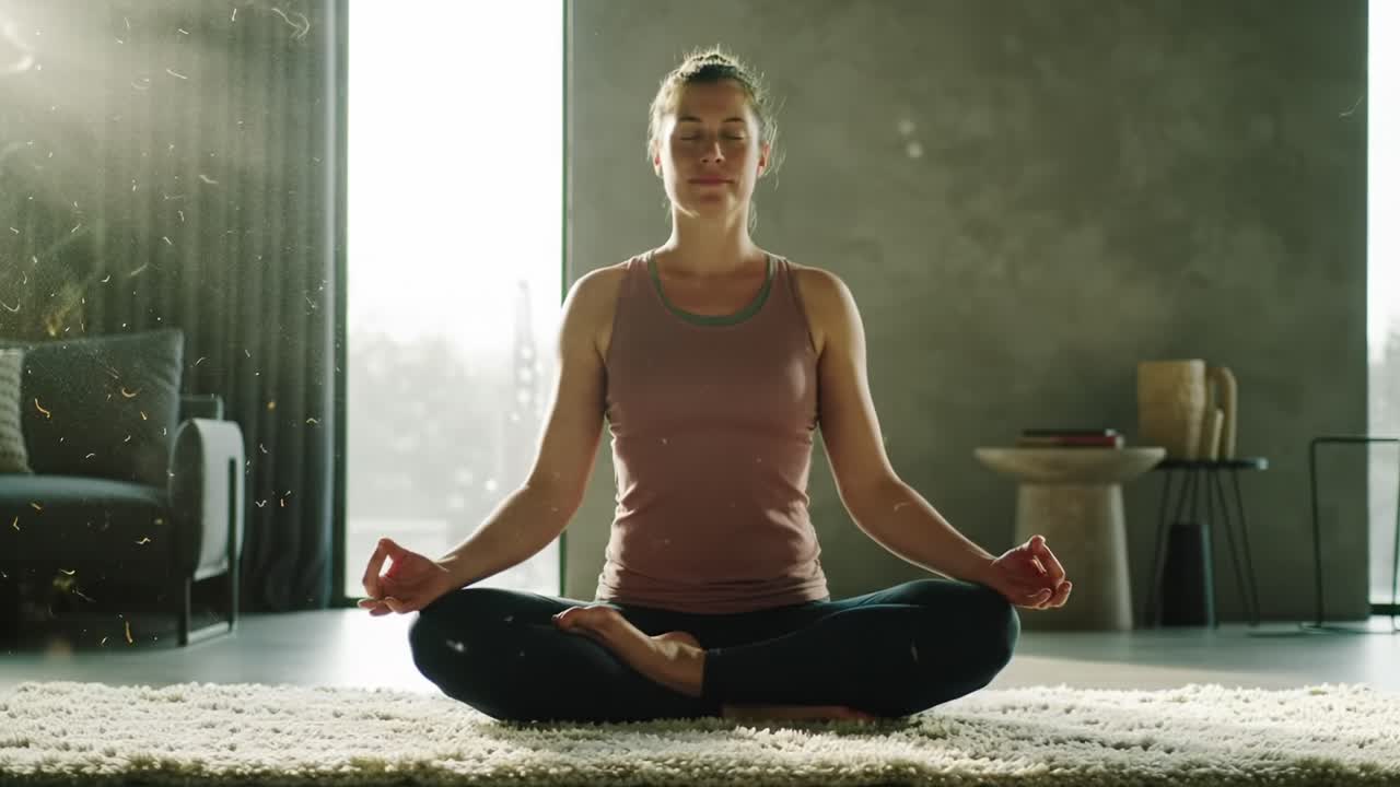 A Serene Moment of Mindfulness: A Young Woman Practicing Meditation in a Sunlit Room, Engaging in Deep Relaxation and Inner Peace Through Yoga Poses