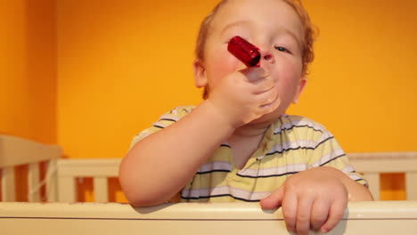 portrait of the boy playing in playpen