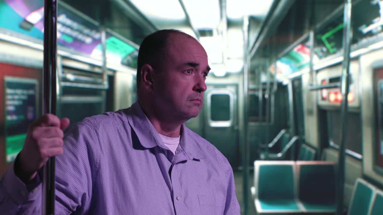 varón blanco de mediana edad en el metro sosteniendo un poste