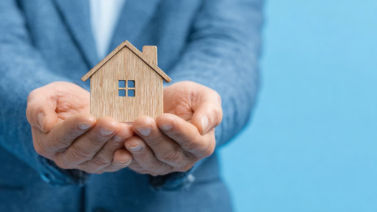 Una Persona che Tiene in Mano un Piccolo Modellino di Casa in Legno su uno Sfondo Blu Tenue, Simboleggiando Casa, Sicurezza e Riparo con un Tocco di Eleganza e Cura